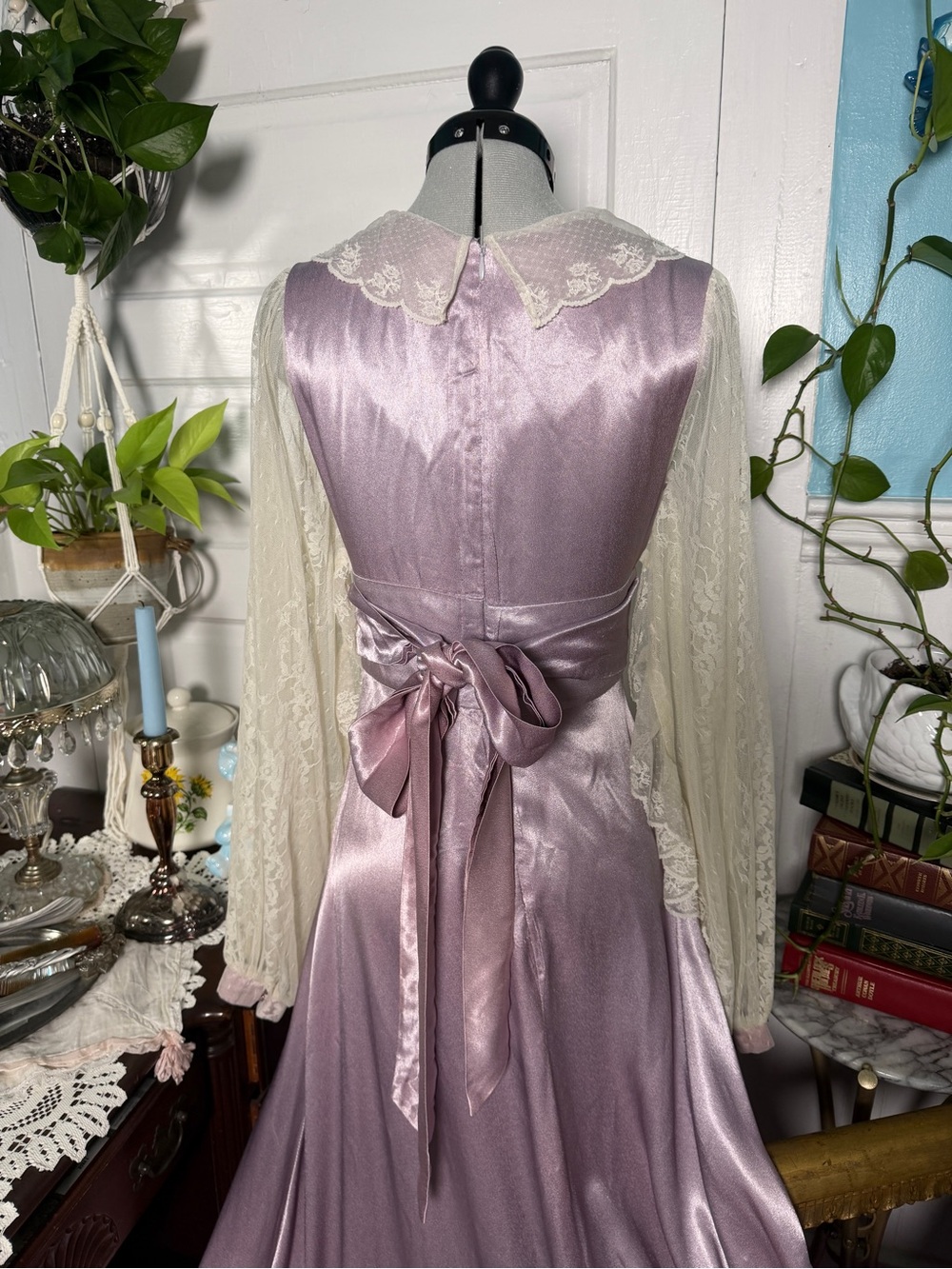 Gunne Sax by Jessica Purple/Ivory Liquid Satin Maxi,  5, altered to 7 - Picture 4 of 9